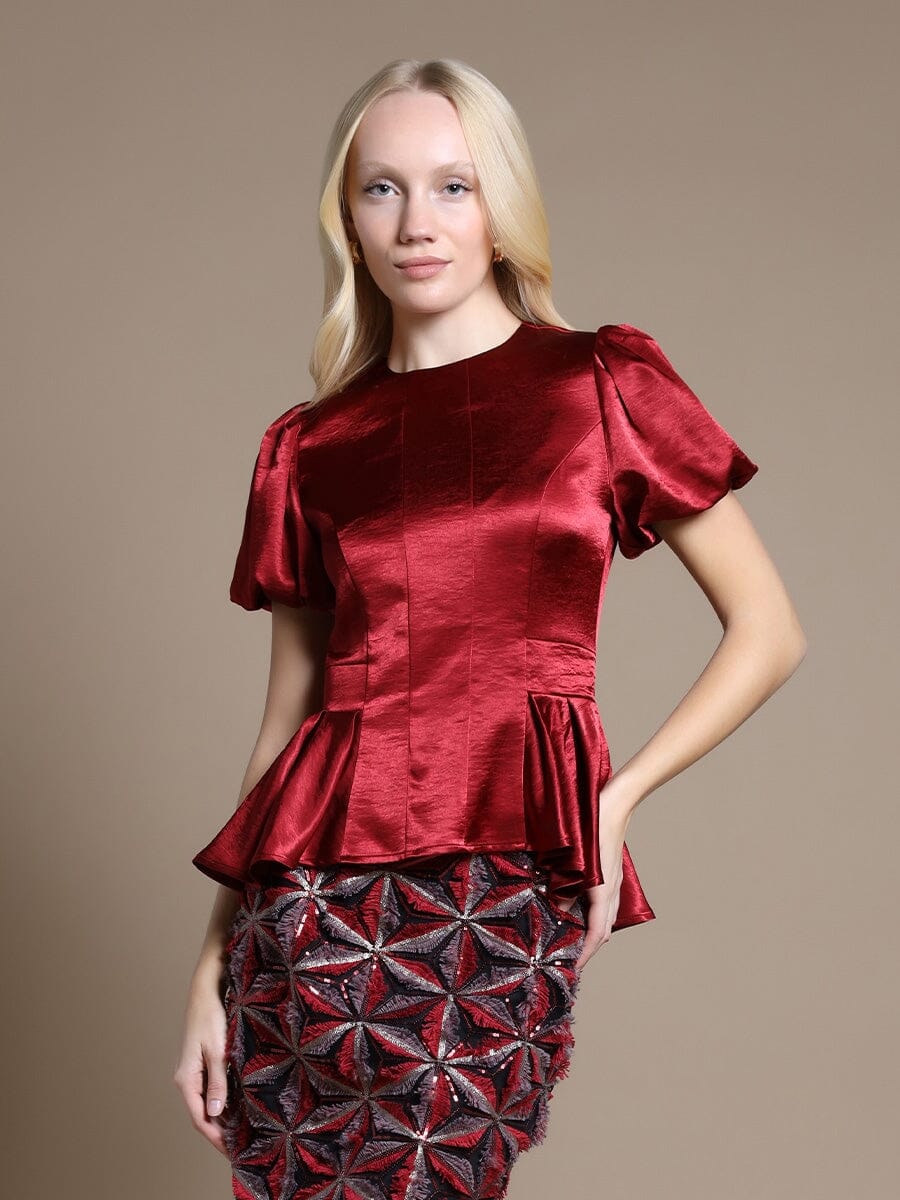 Puffed Sleeve Ruffle Bottom Crew Neck Top