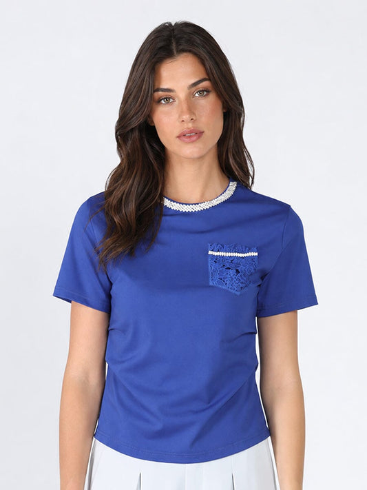 Gracia Fashion Women's Round Neck Lace & Pocket T-Shirt