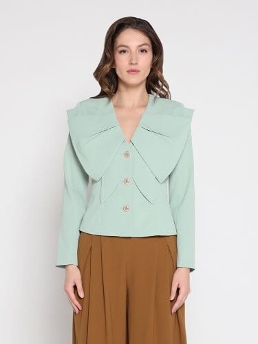 Ruffle Front With Button Long Sleeve Jacket