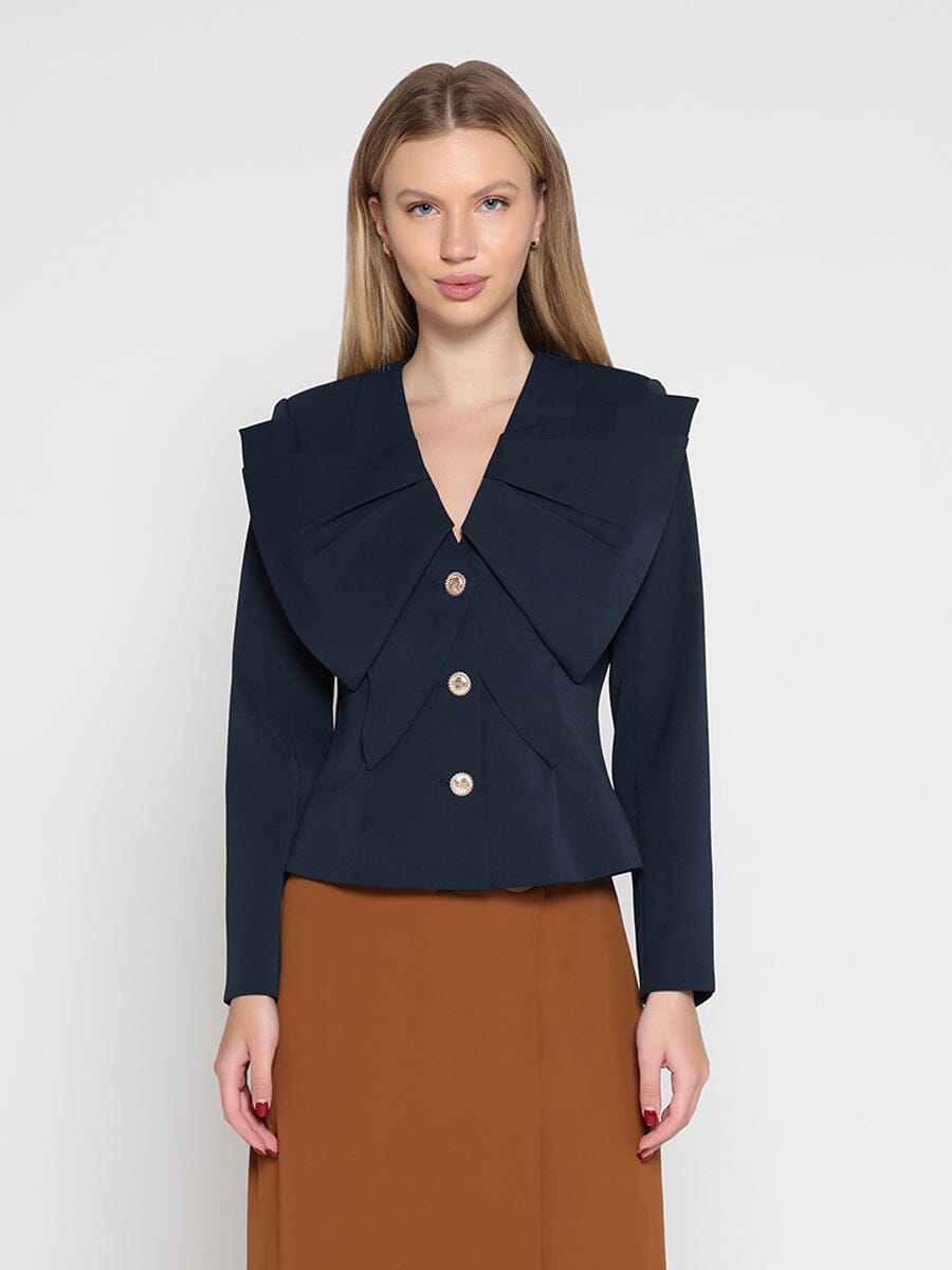 Ruffle Front With Button Long Sleeve Jacket