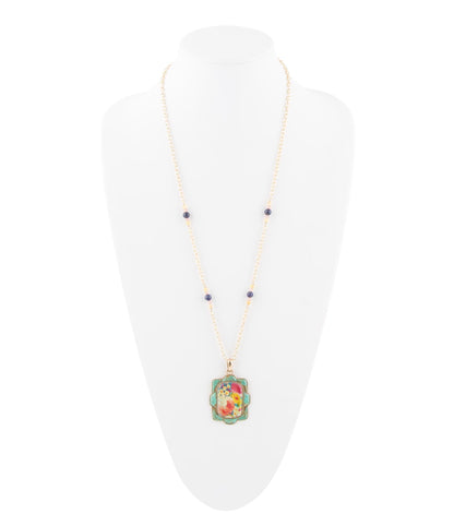 Scenic Floral and Blue Turquoise Golden Pendant Necklace