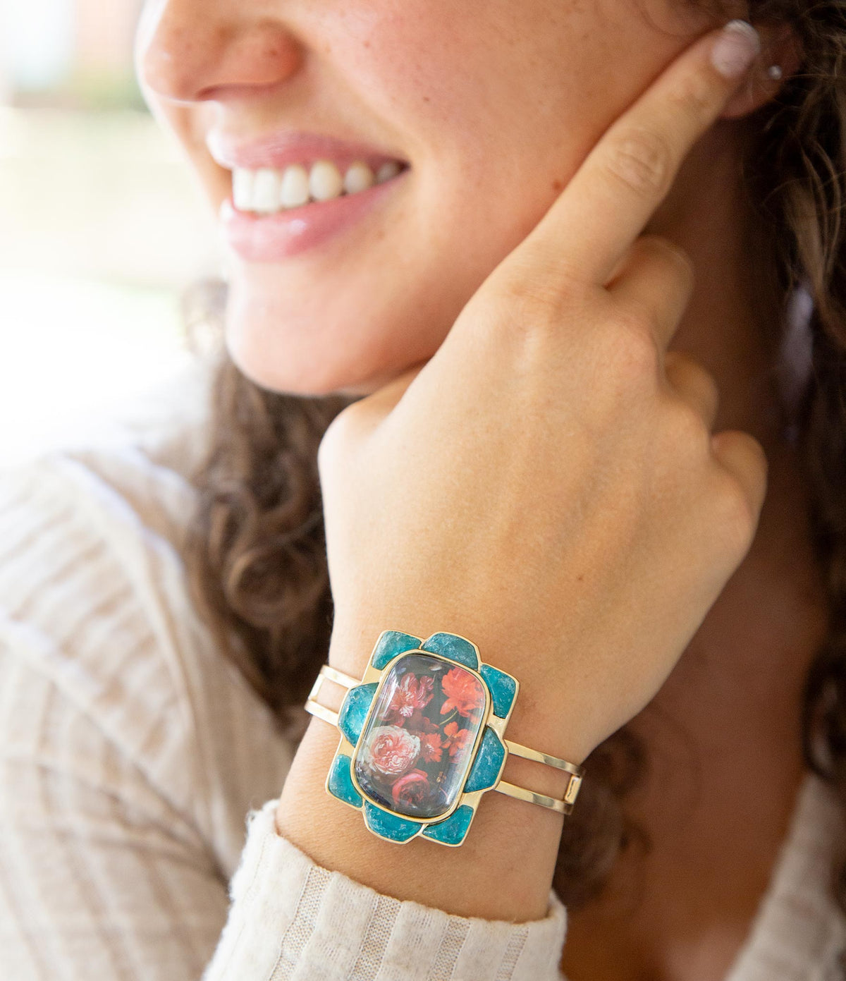 Scenic Red Floral Blue Apatite Golden Cuff Bracelet