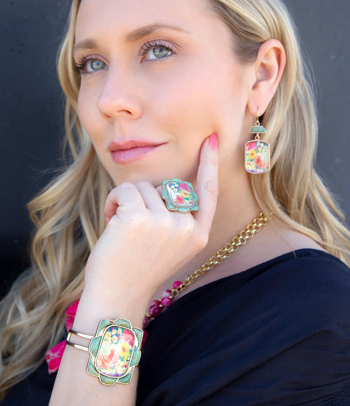 Scenic Floral Blue Turquoise and Golden Cuff Bracelet