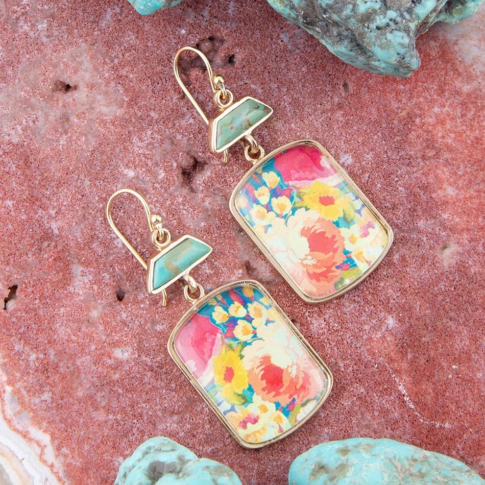 Pendientes Florales Escénicos Dorados Turquesa Azules