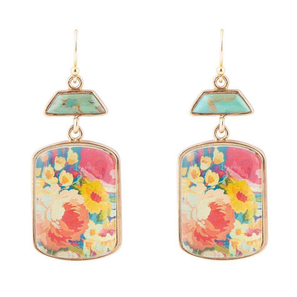 Pendientes Florales Escénicos Dorados Turquesa Azules