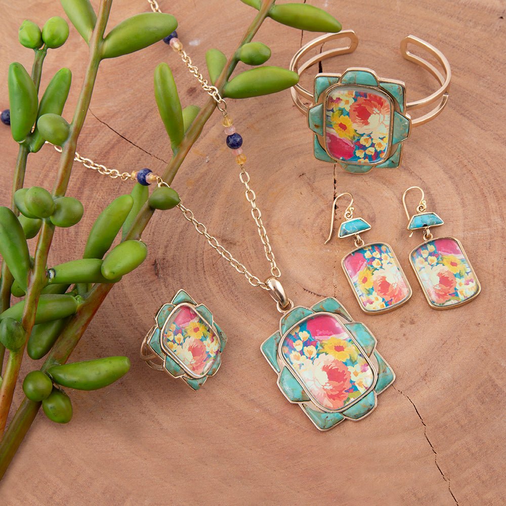 Pendientes Florales Escénicos Dorados Turquesa Azules