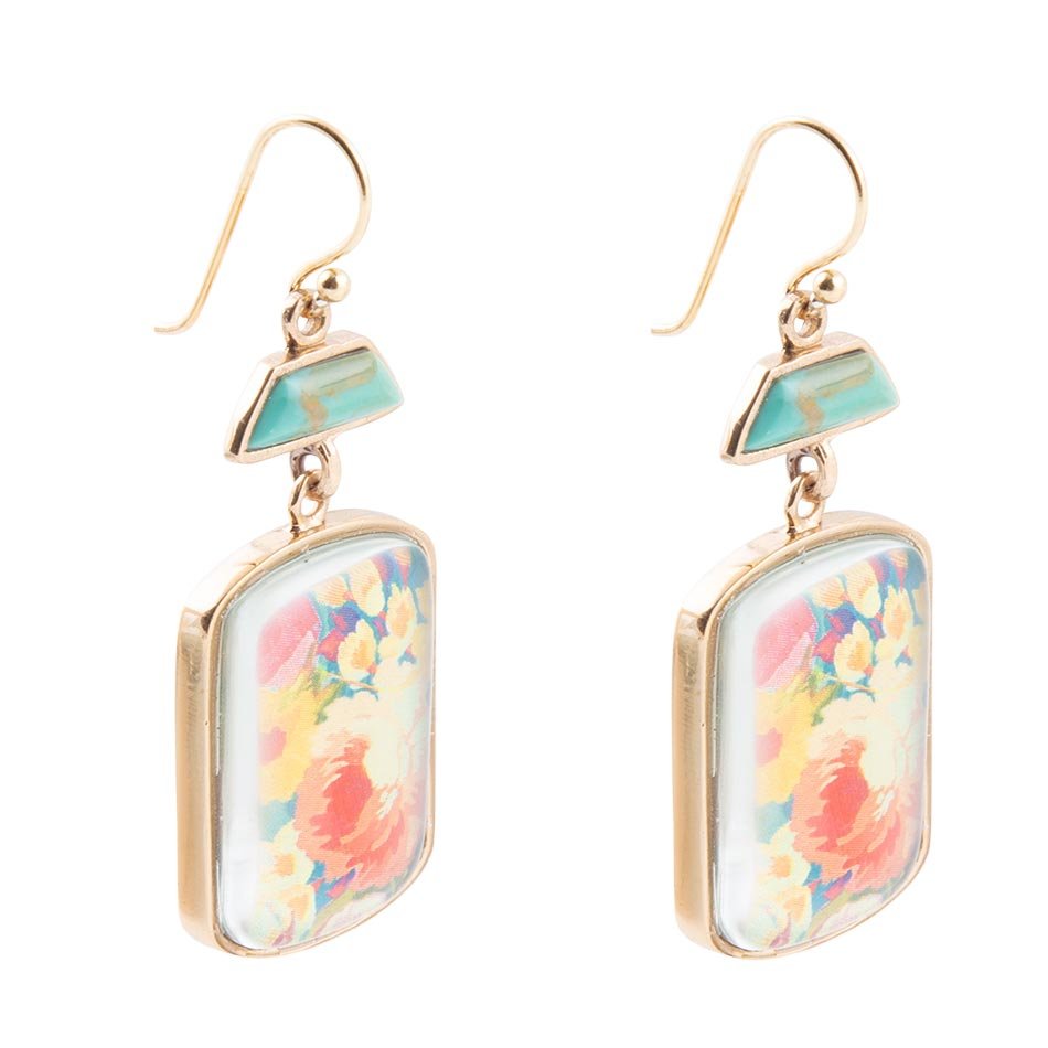 Pendientes Florales Escénicos Dorados Turquesa Azules