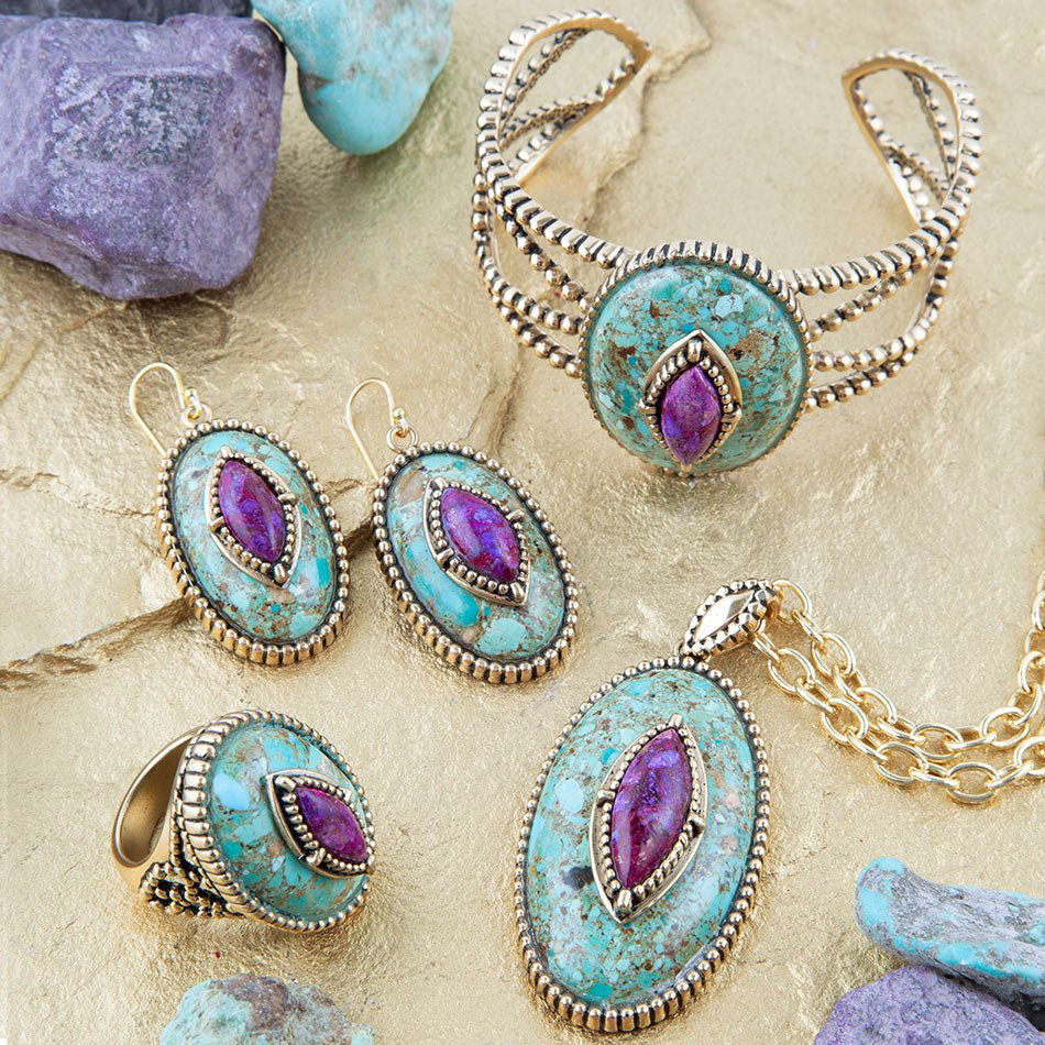 Pendientes colgantes de turquesa azul y púrpura con piedra apilada y dorados