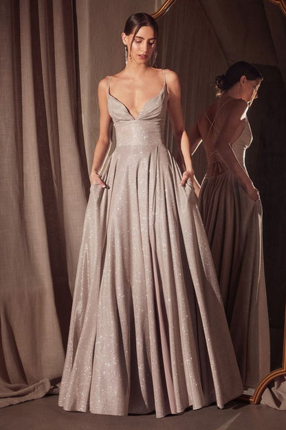 Ladivine Amoris T214 Sleeveless Spaghetti Strap A-Line Glitter Gown