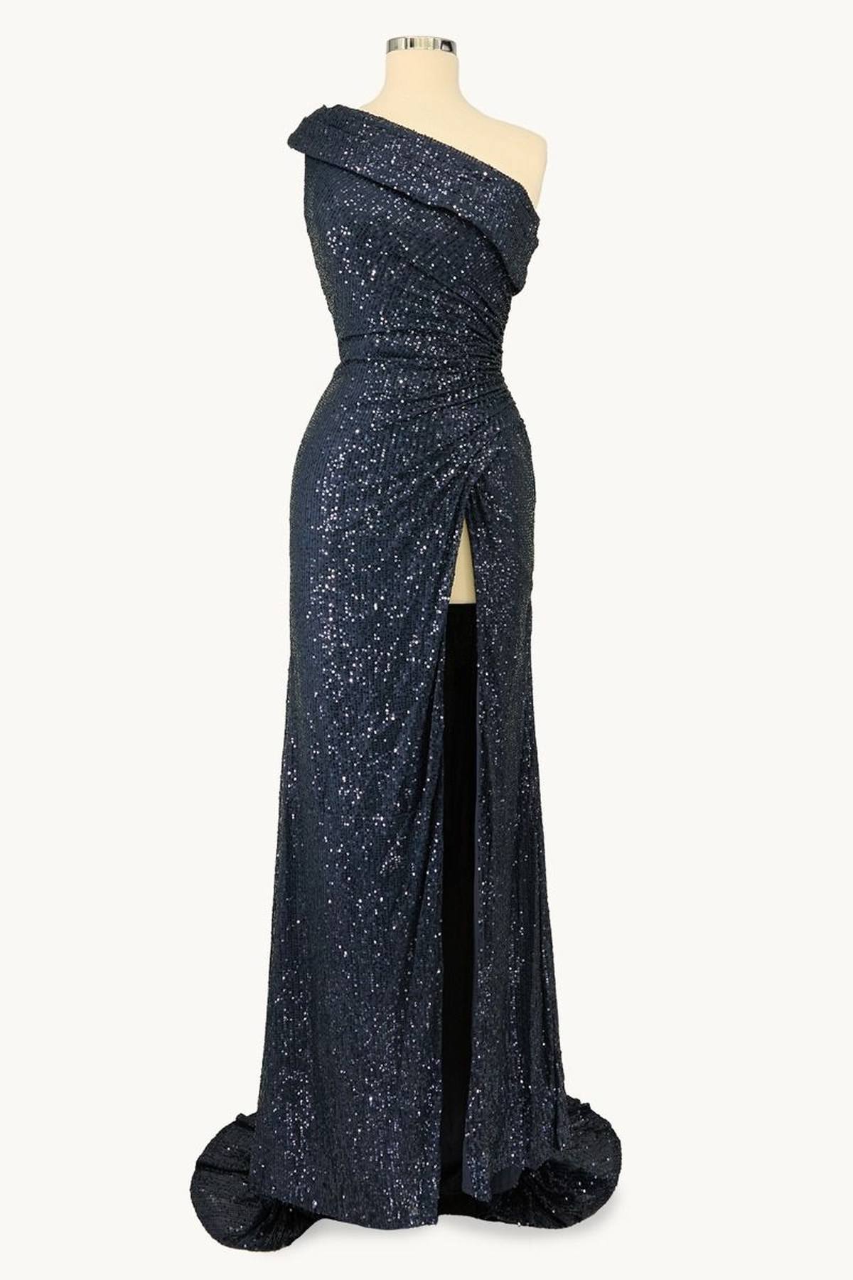 Ladivine Amoris T806 One Shoulder Evening Sequin Dress Leg Slit