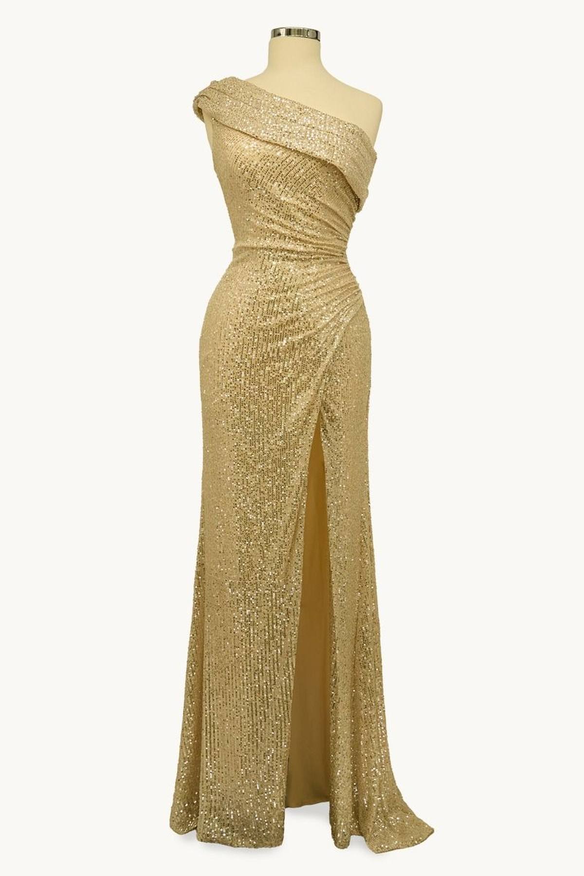 Ladivine Amoris T806 One Shoulder Evening Sequin Dress Leg Slit