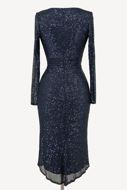 Ladivine Amoris T807 Knee Length Long Sleeve Sequin Dress V-Neckline