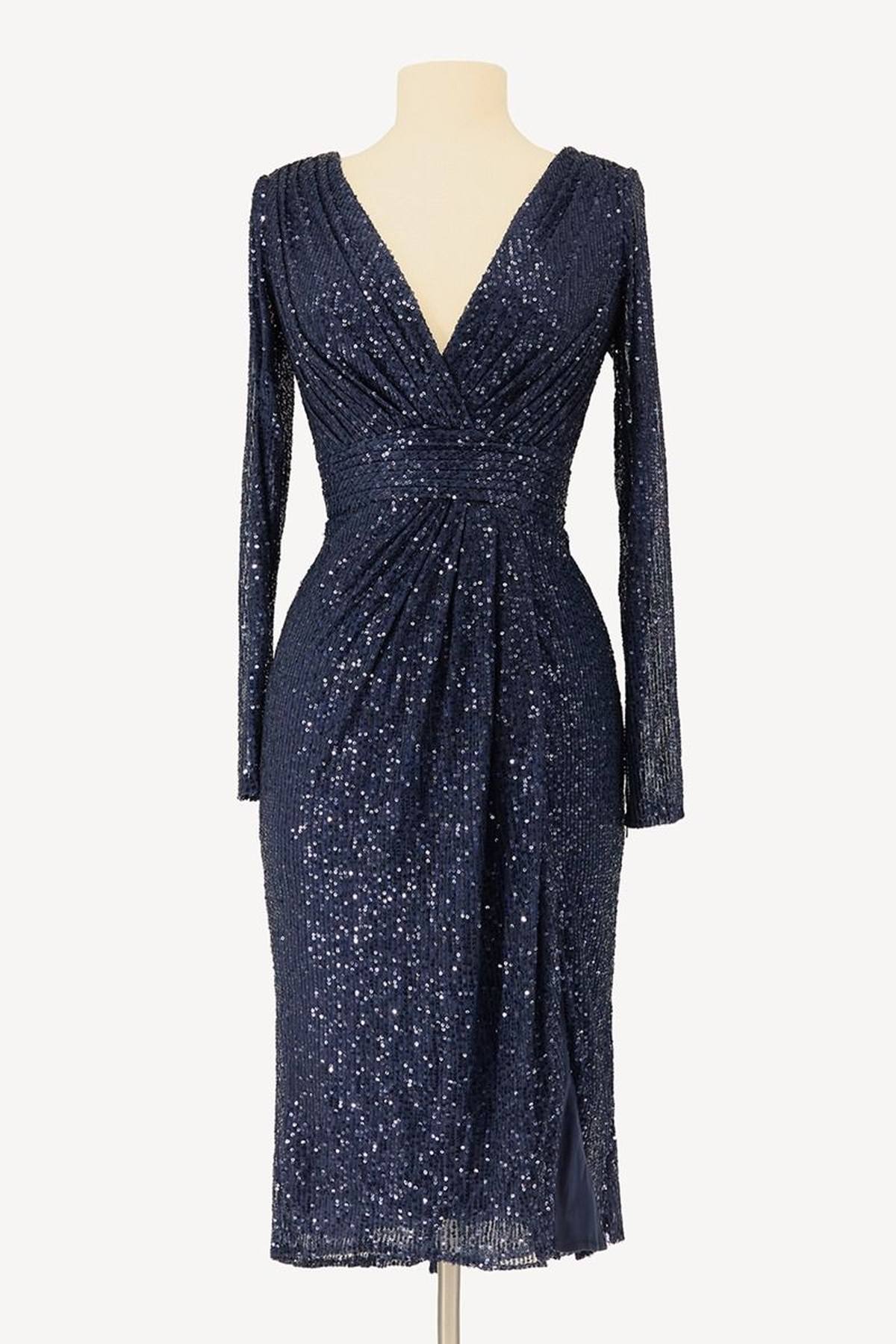 Ladivine Amoris T807 Knee Length Long Sleeve Sequin Dress V-Neckline