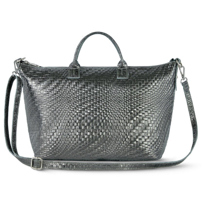 Italian Genuine Basketweave-Embossed Metallic Suede Top-Handle Bag | Treviso