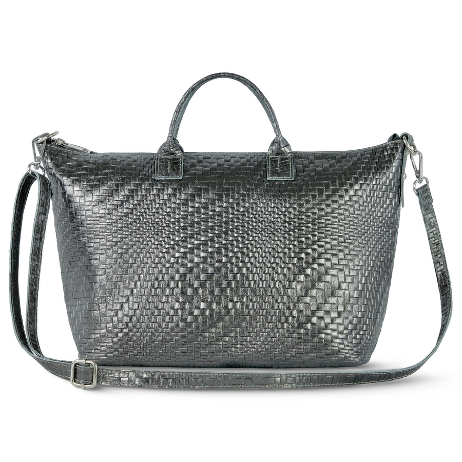 Italian Genuine Basketweave-Embossed Metallic Suede Top-Handle Bag | Treviso