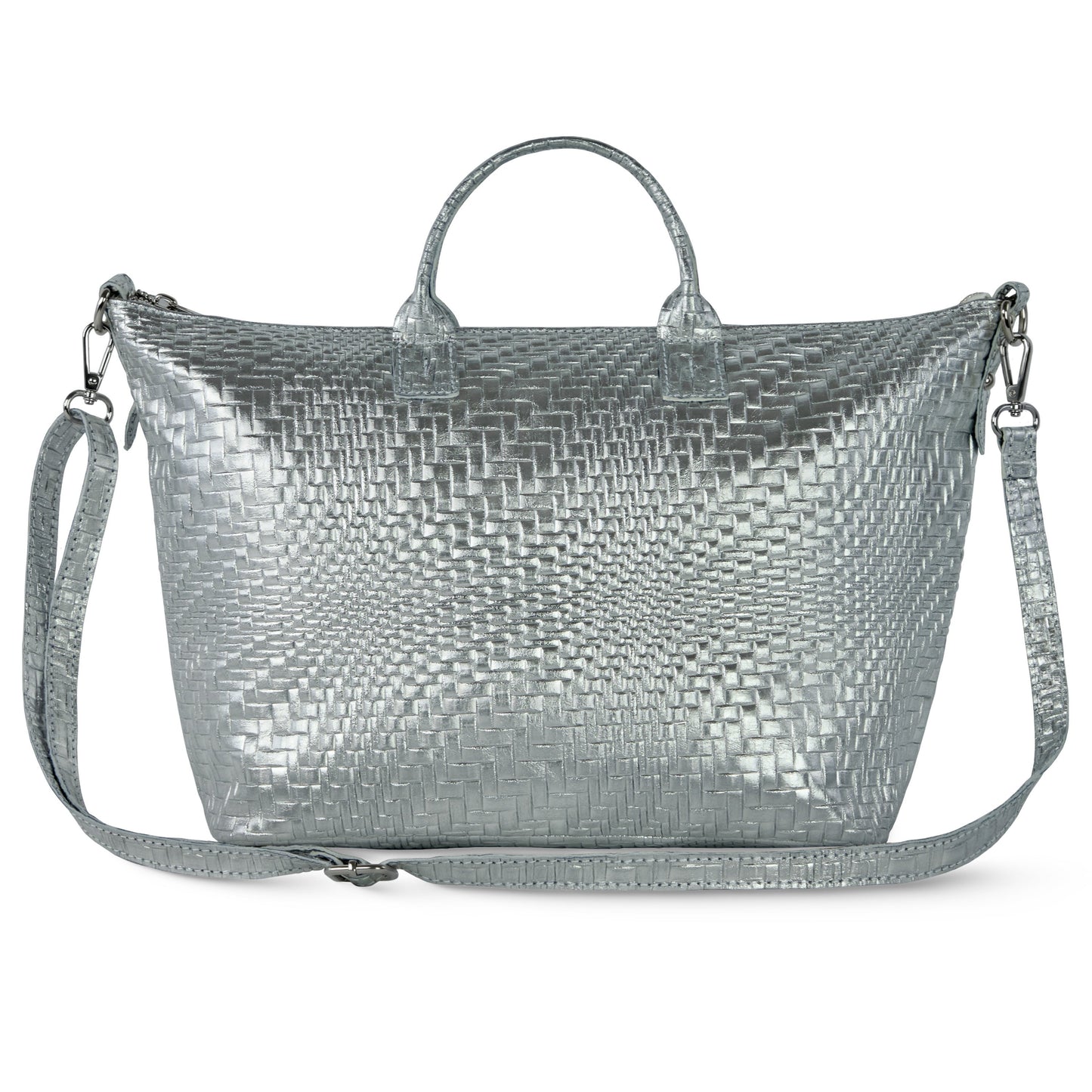 Italian Genuine Basketweave-Embossed Metallic Suede Top-Handle Bag | Treviso