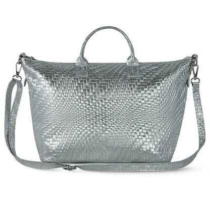 Italian Genuine Basketweave-Embossed Metallic Suede Top-Handle Bag | Treviso