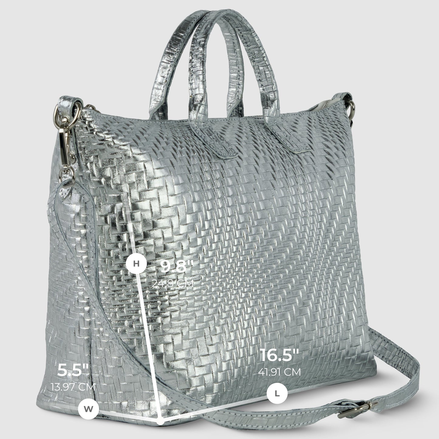 Italian Genuine Basketweave-Embossed Metallic Suede Top-Handle Bag | Treviso