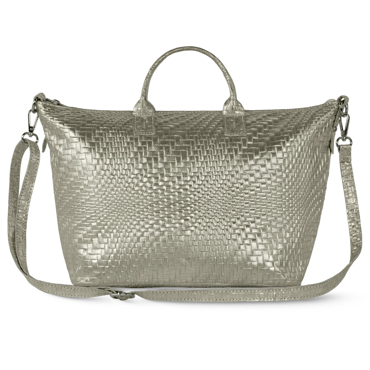 Italian Genuine Basketweave-Embossed Metallic Suede Top-Handle Bag | Treviso