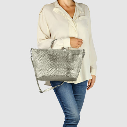 Italian Genuine Basketweave-Embossed Metallic Suede Top-Handle Bag | Treviso