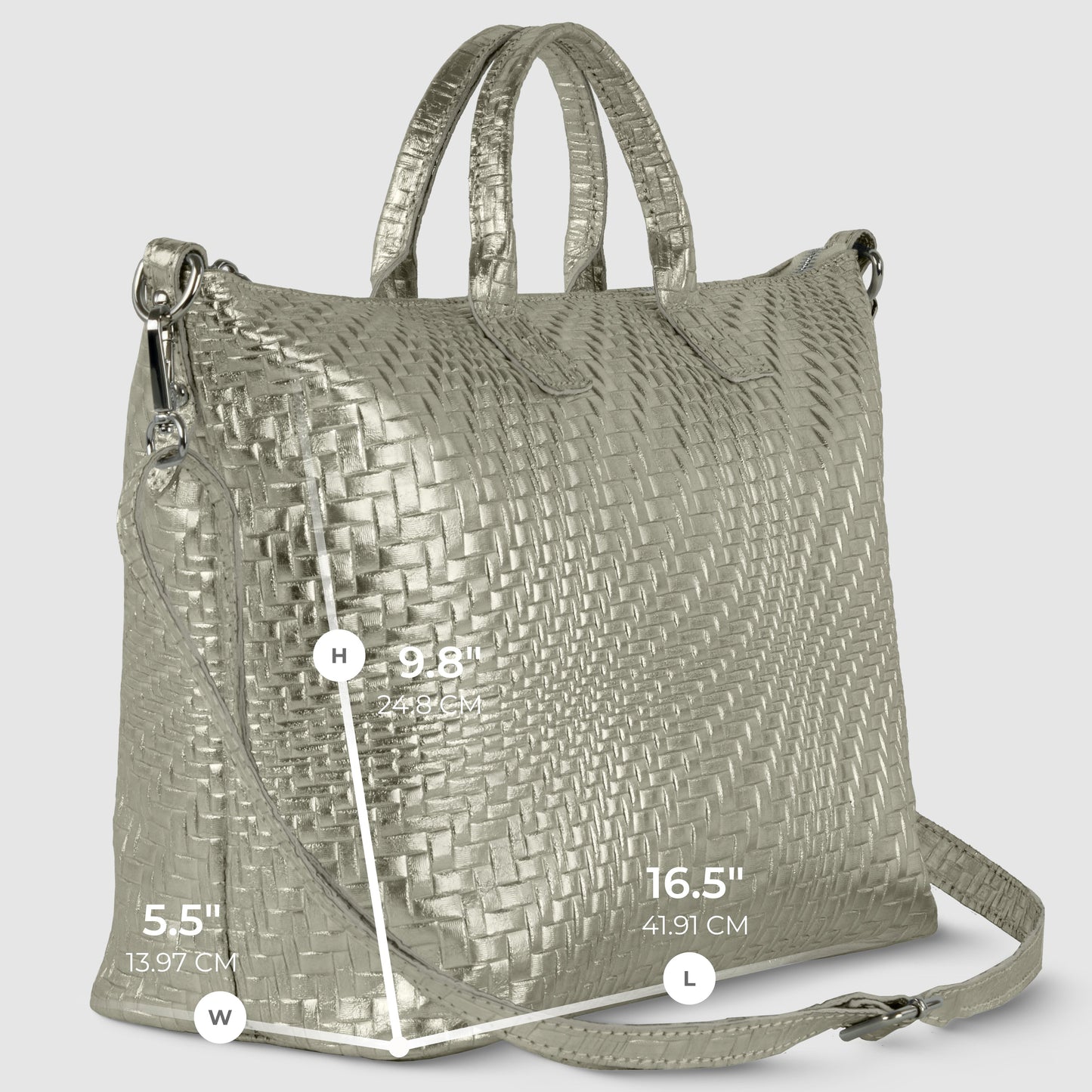 Italian Genuine Basketweave-Embossed Metallic Suede Top-Handle Bag | Treviso