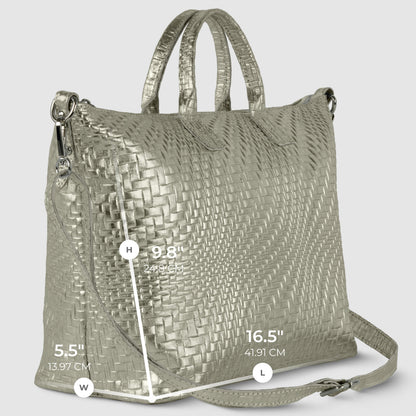 Italian Genuine Basketweave-Embossed Metallic Suede Top-Handle Bag | Treviso