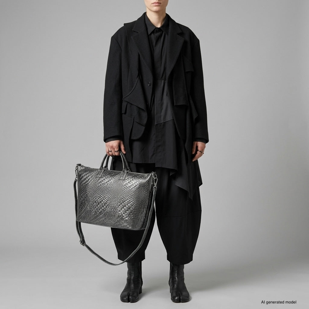 Italian Genuine Basketweave-Embossed Metallic Suede Top-Handle Bag | Treviso