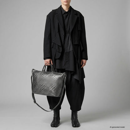 Italian Genuine Basketweave-Embossed Metallic Suede Top-Handle Bag | Treviso