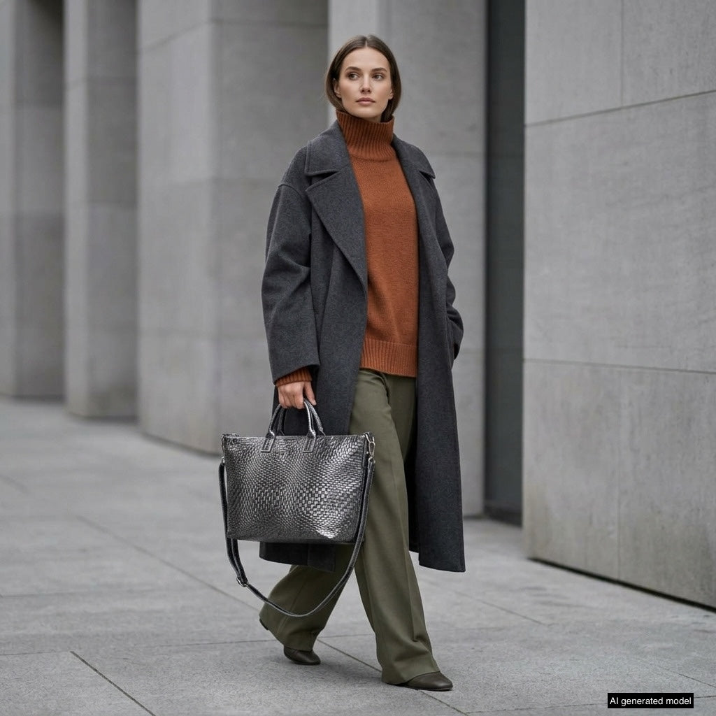 Italian Genuine Basketweave-Embossed Metallic Suede Top-Handle Bag | Treviso
