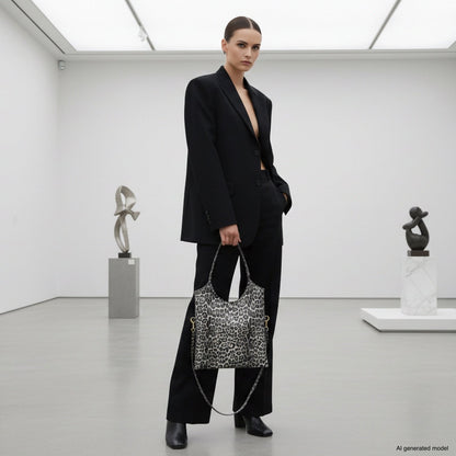 Italian Genuine Leopard-Print Metallic Suede Tote Bag | Catania