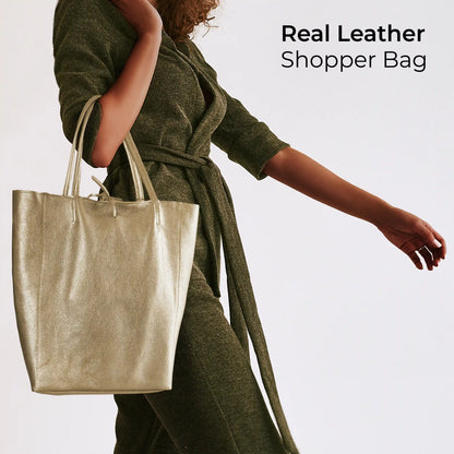 Italian Metallic Full-Grain Leather Tote Bag | Vinci
