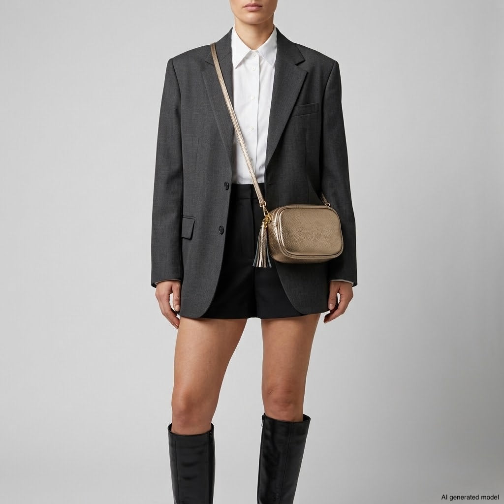 Bolso cruzado de cuero de grano completo metálico italiano | Nápoles