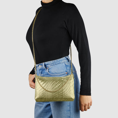 Italian Genuine Basketweave-Embossed Metallic Suede Crossbody Bag | Bari