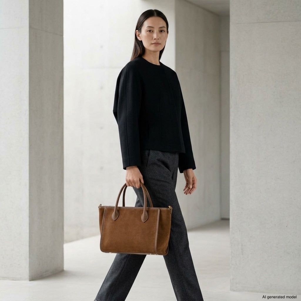 Bolso con asa superior de ante genuino y piel plena flor italianos | Alba