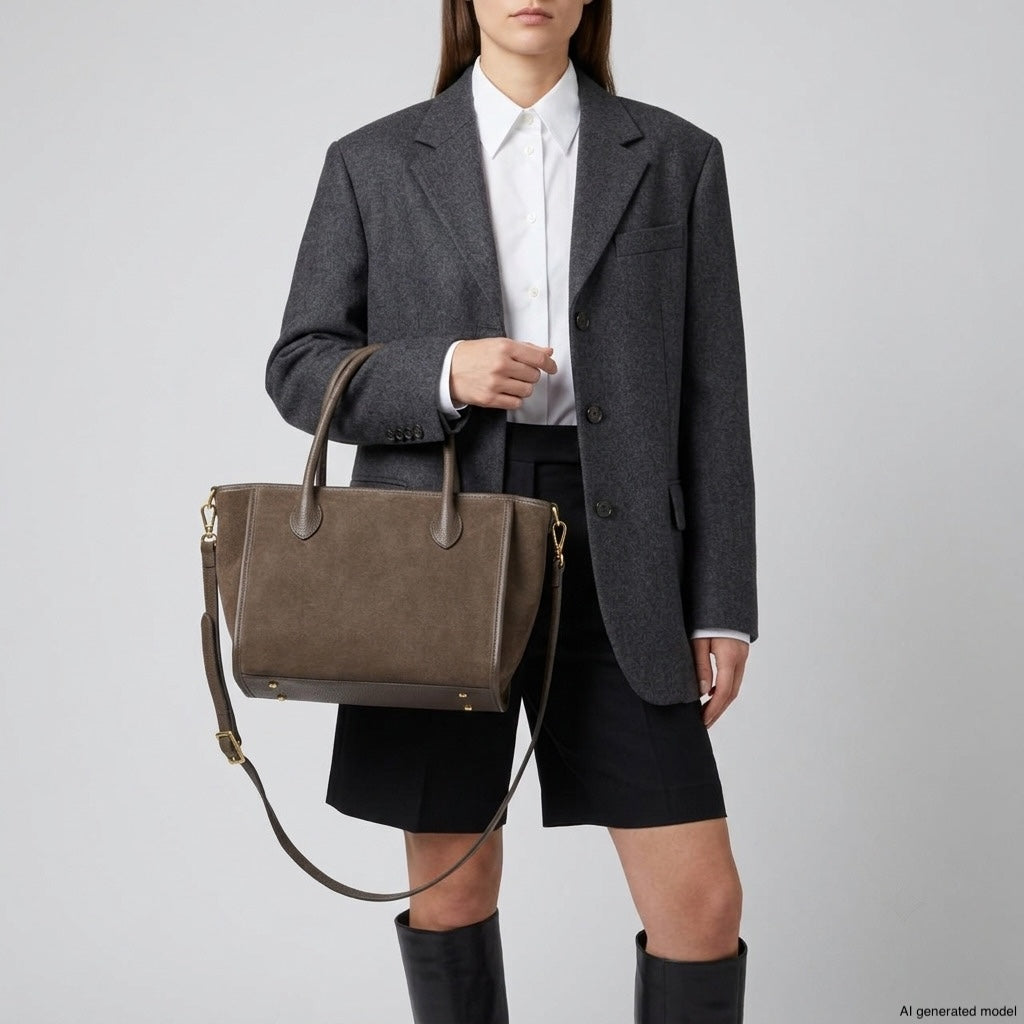 Bolso con asa superior de ante genuino y piel plena flor italianos | Alba