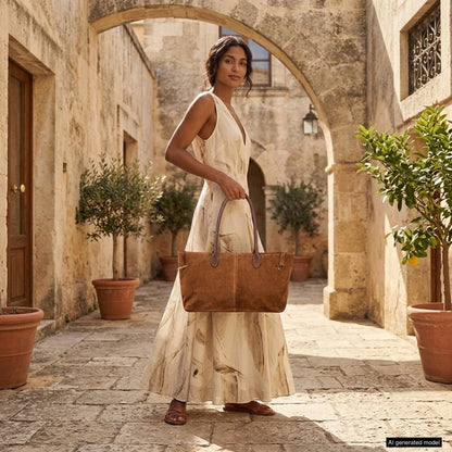 Italian Genuine Suede & Full-Grain Leather Tote Bag | Bologna