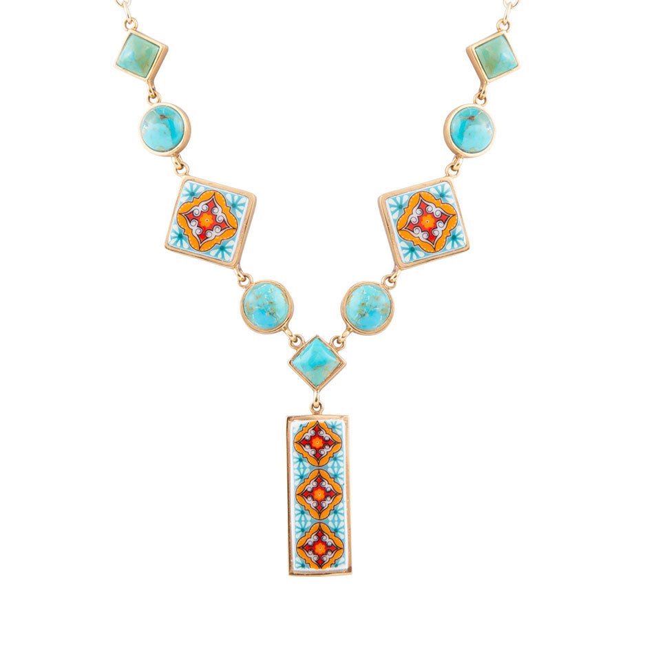 Talavera Tile and Blue Turquoise Golden Y-Neck Necklace