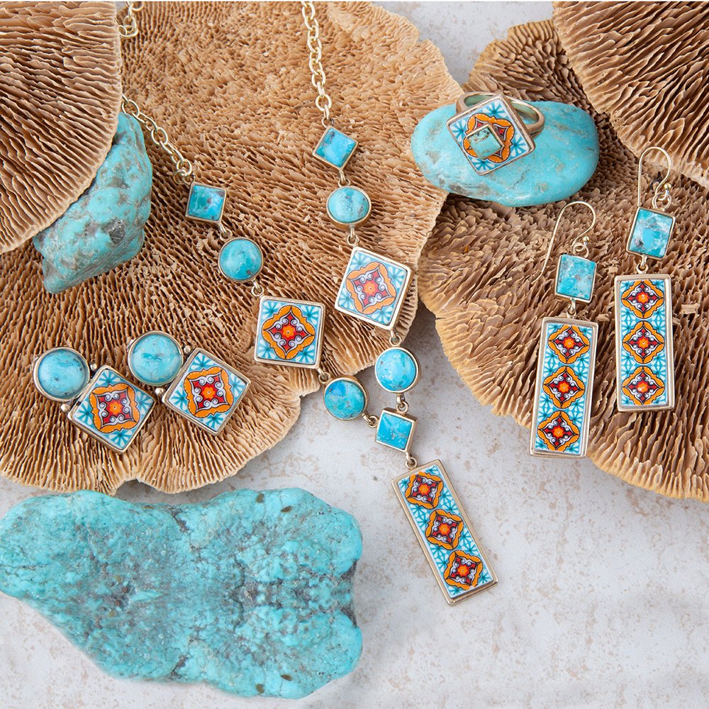 Pendientes de Talavera con gota azul turquesa y dorada