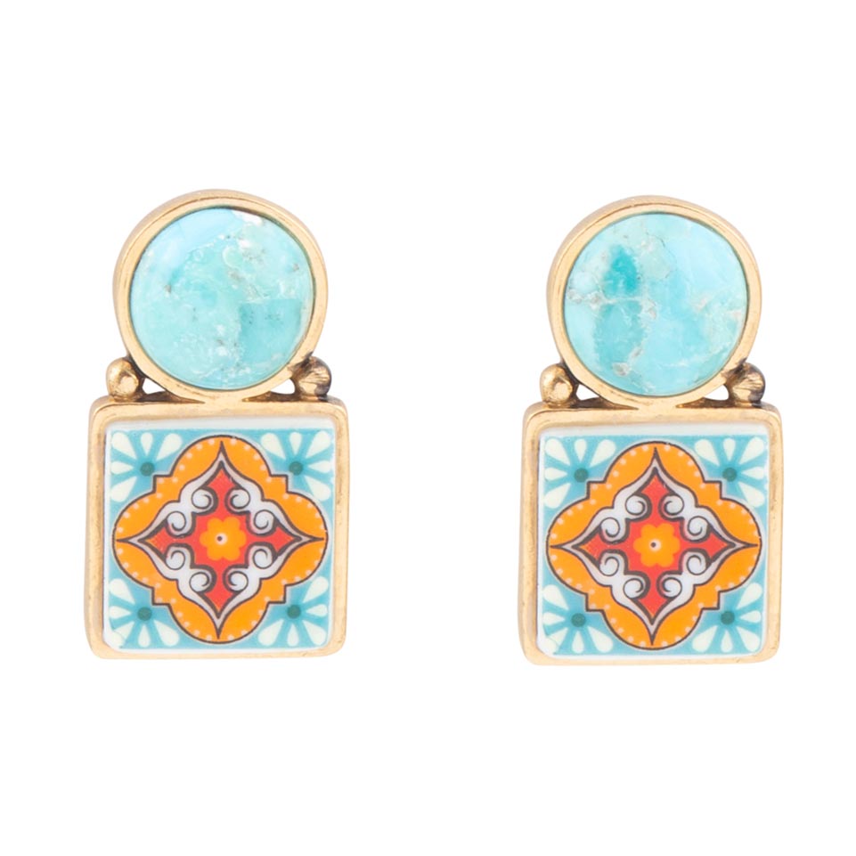 Pendientes de Talavera con gota azul turquesa y dorada
