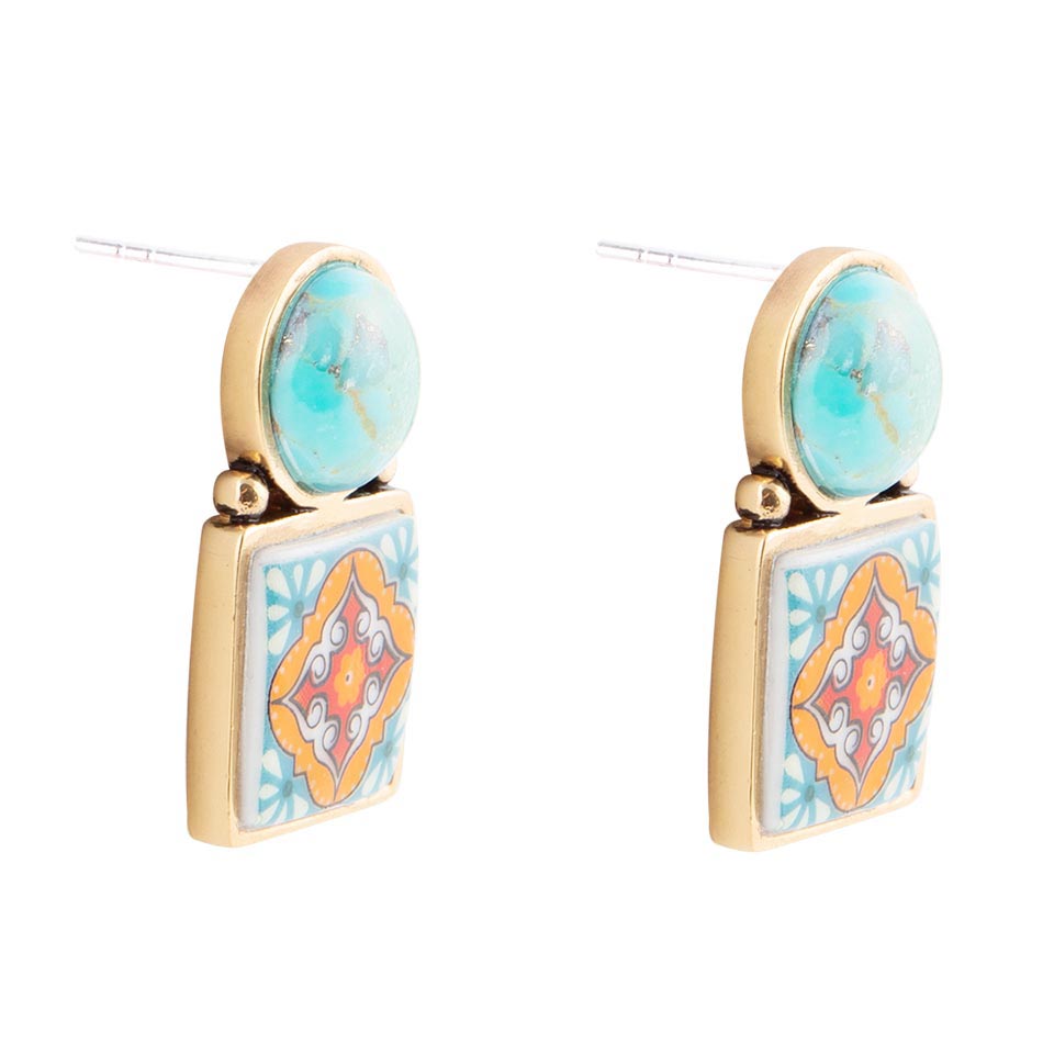 Pendientes de Talavera con gota azul turquesa y dorada