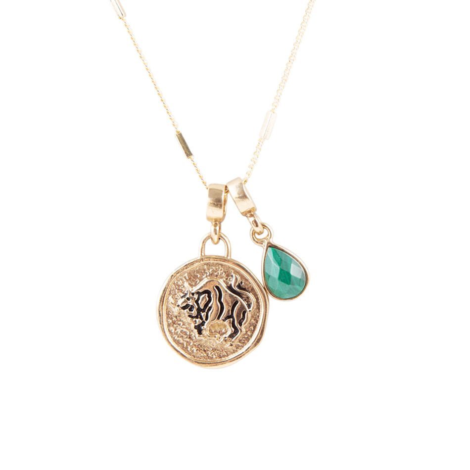 Tauro - Collar con dije dorado de malaquita verde del zodiaco