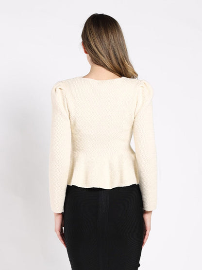 Textured Button Down Collared Peplum Cardigan
