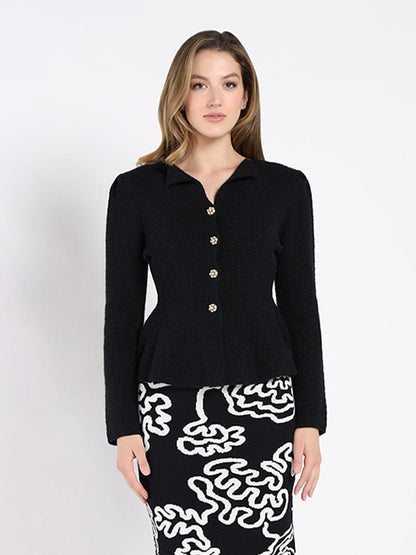 Textured Button Down Collared Peplum Cardigan