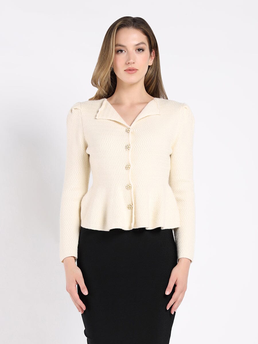 Textured Button Down Collared Peplum Cardigan