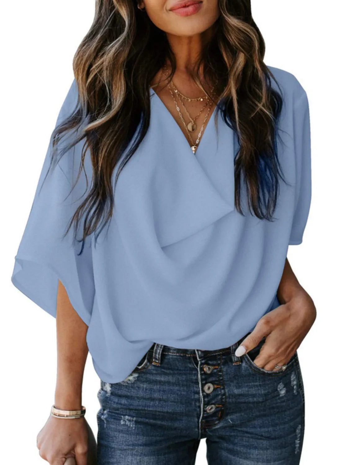 Trendsi light blue three-quarter sleeve blouse for women with draped front and relaxed fit