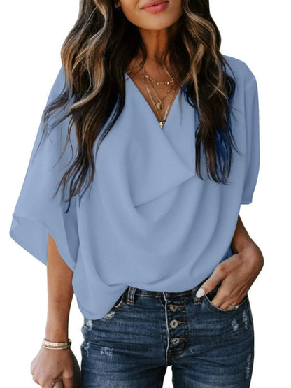 Trendsi light blue three-quarter sleeve blouse for women with draped front and relaxed fit