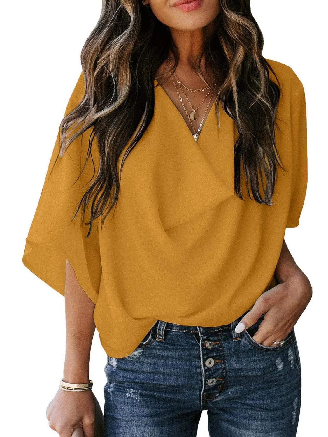 Mustard yellow three-quarter sleeve blouse for women with a draped neckline and casual fit