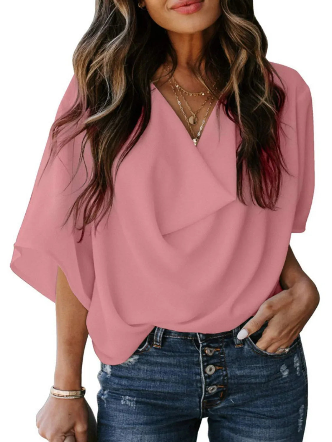 Trendsi pink three-quarter sleeve blouse for women with draped front and casual fit