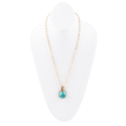 Carved Blue Turquoise Stone Golden Pendant Necklace