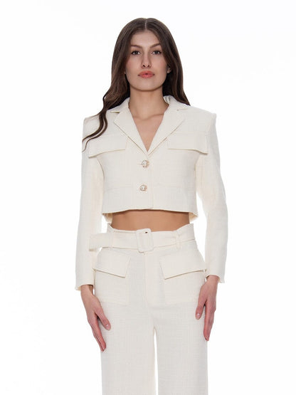 Tweed Collared Flap Detail Button Cropped Jacket